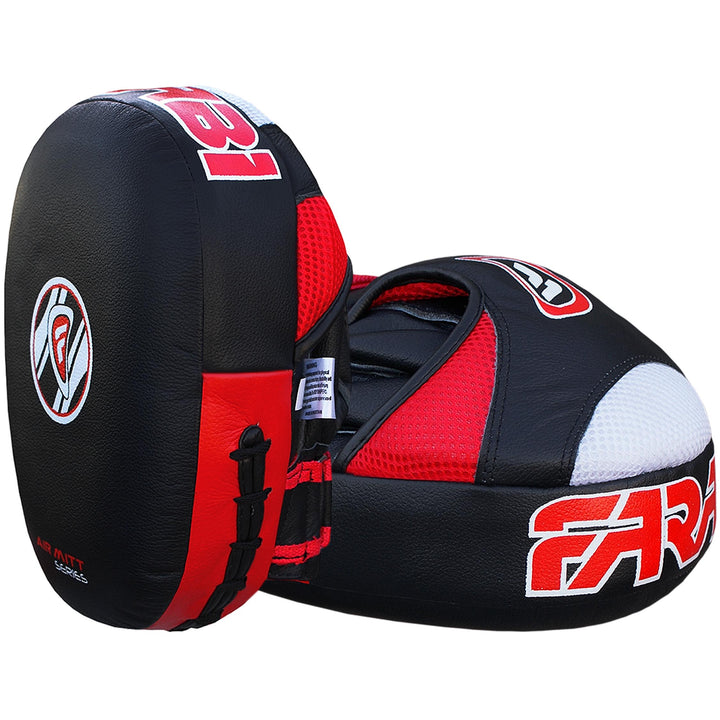 Farabi Sports boxing mitts with a bold black and red design, featuring durable construction for training and practice.