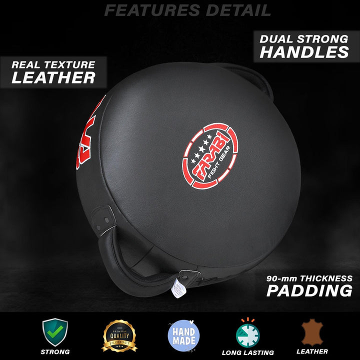 Farabi Sports boxing focus mitt with real texture leather, dual strong handles, and 90-mm thickness padding for durability and performance.