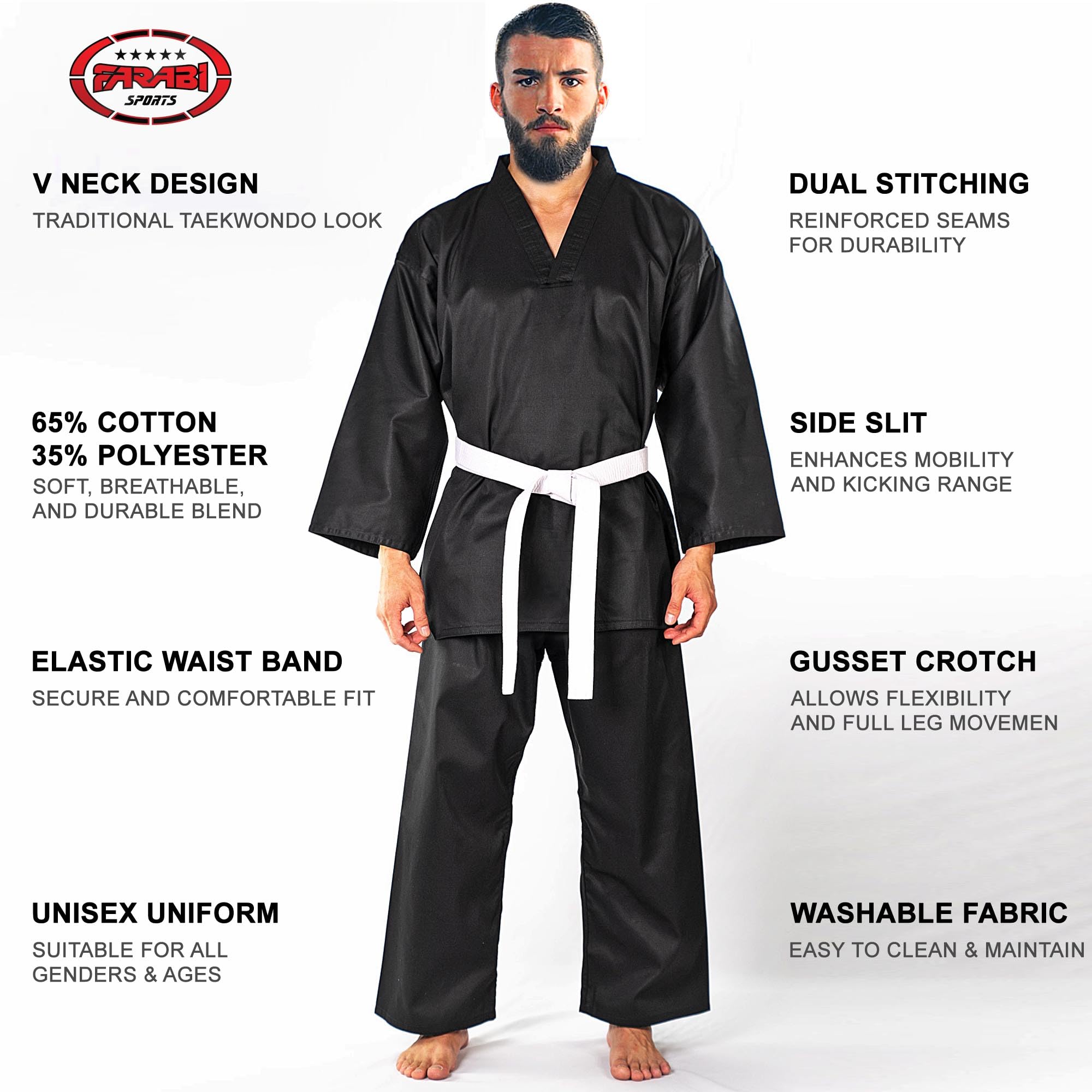 Farabi Sports Taekwondo Uniform for Men — Lightweight 230+ GSM V-Neck Taekwondo Suit with Elastic Waistband & Drawstring for Training & Sparring Farabi Sports