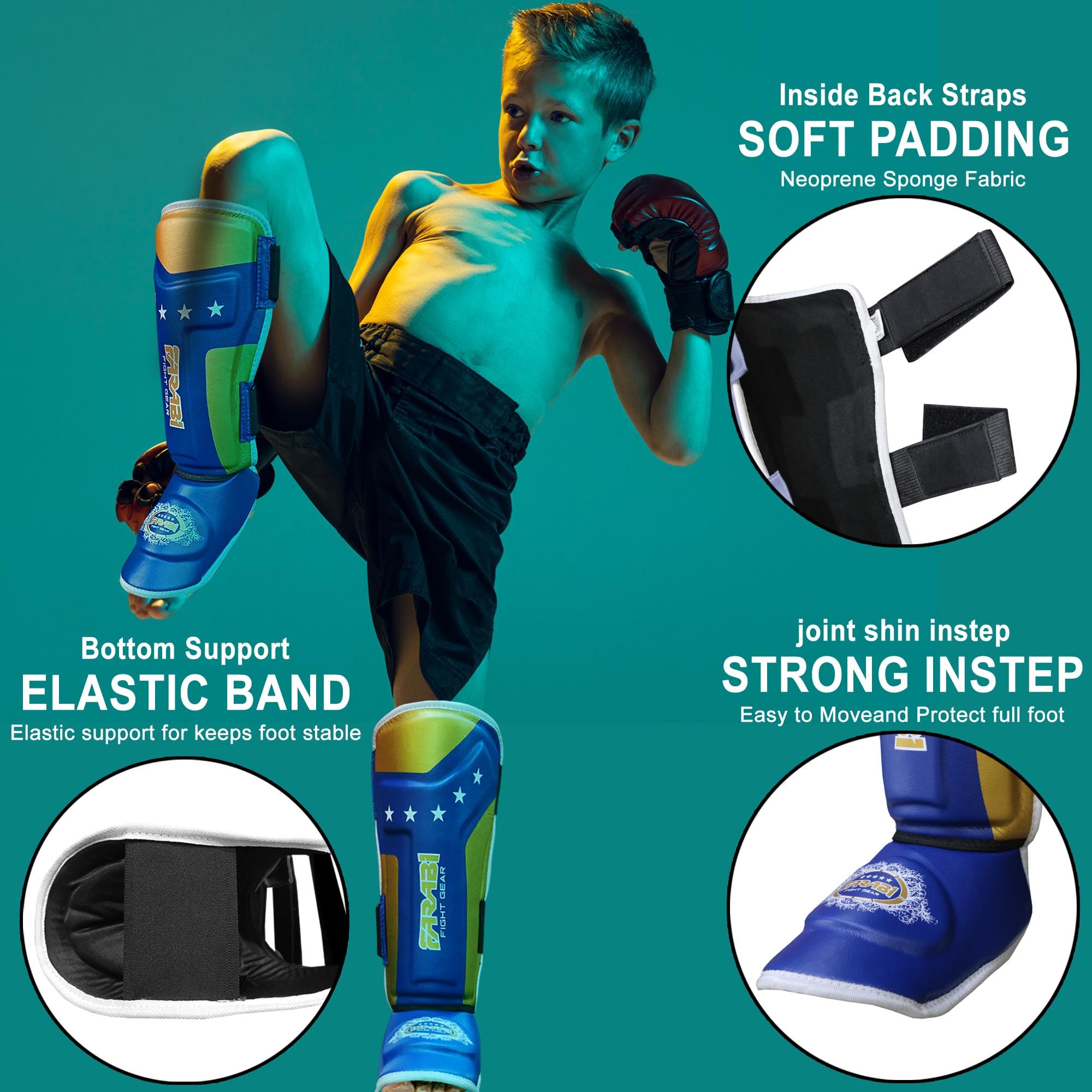 Farabi Sports Kids Shin Guards Shin Instep Pads for Kickboxing, MMA & Muay Thai | Youth Martial Arts Protection Gear Farabi Sports