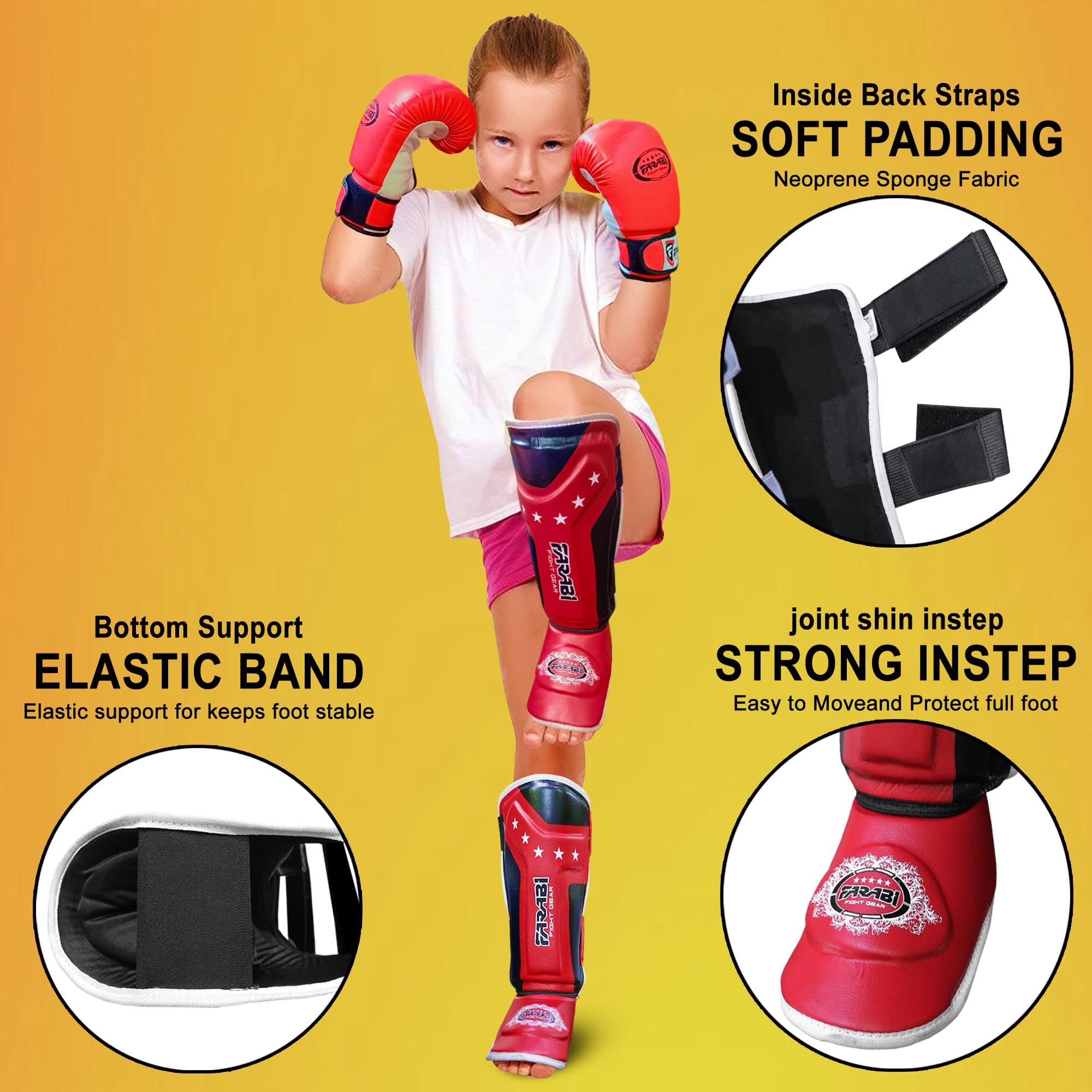 Farabi Sports Kids Shin Guards Shin Instep Pads for Kickboxing, MMA & Muay Thai | Youth Martial Arts Protection Gear Farabi Sports