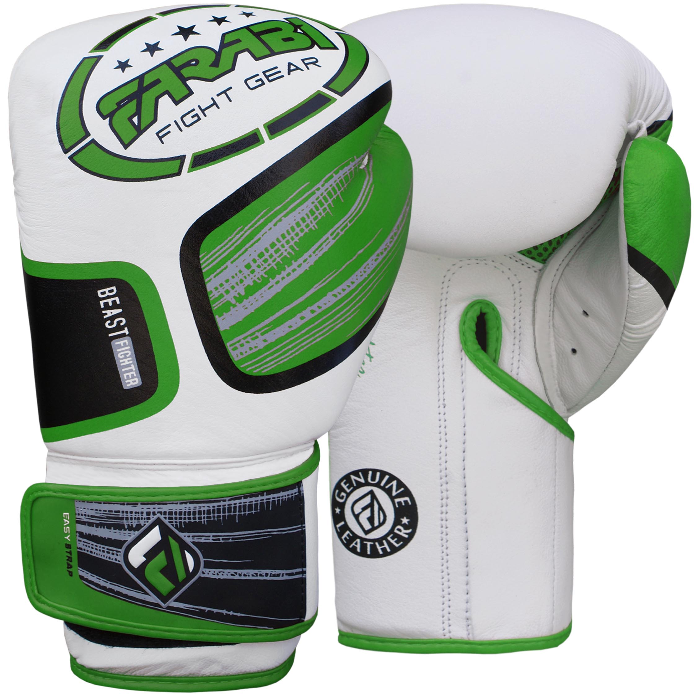 Farabi Sports Beast Fighter boxing gloves with a sleek white and green design, featuring an easy strap closure for comfort and performance.