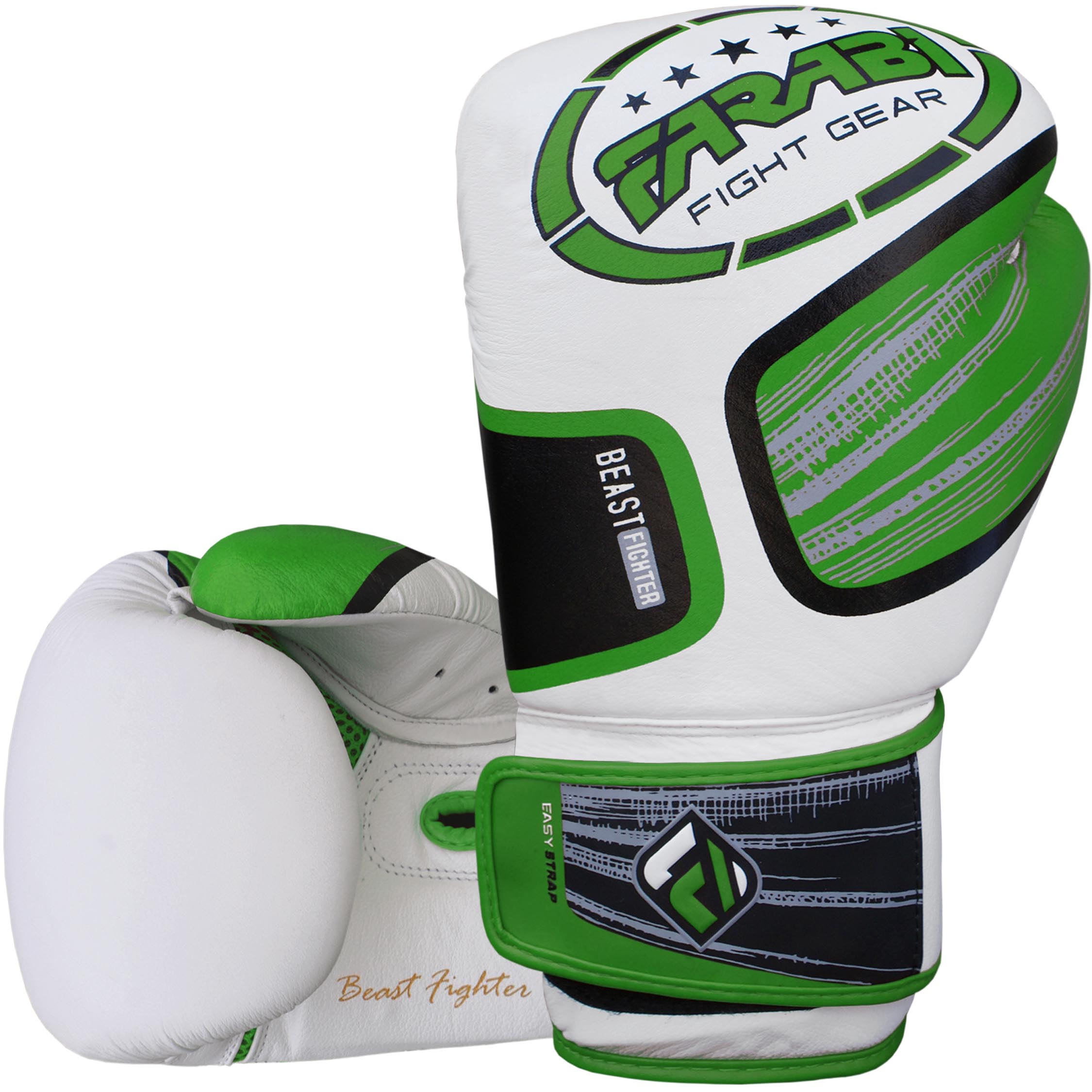 Farabi Sports Beast Fighter boxing gloves with a sleek white and green design, featuring an easy strap closure for comfort and performance.