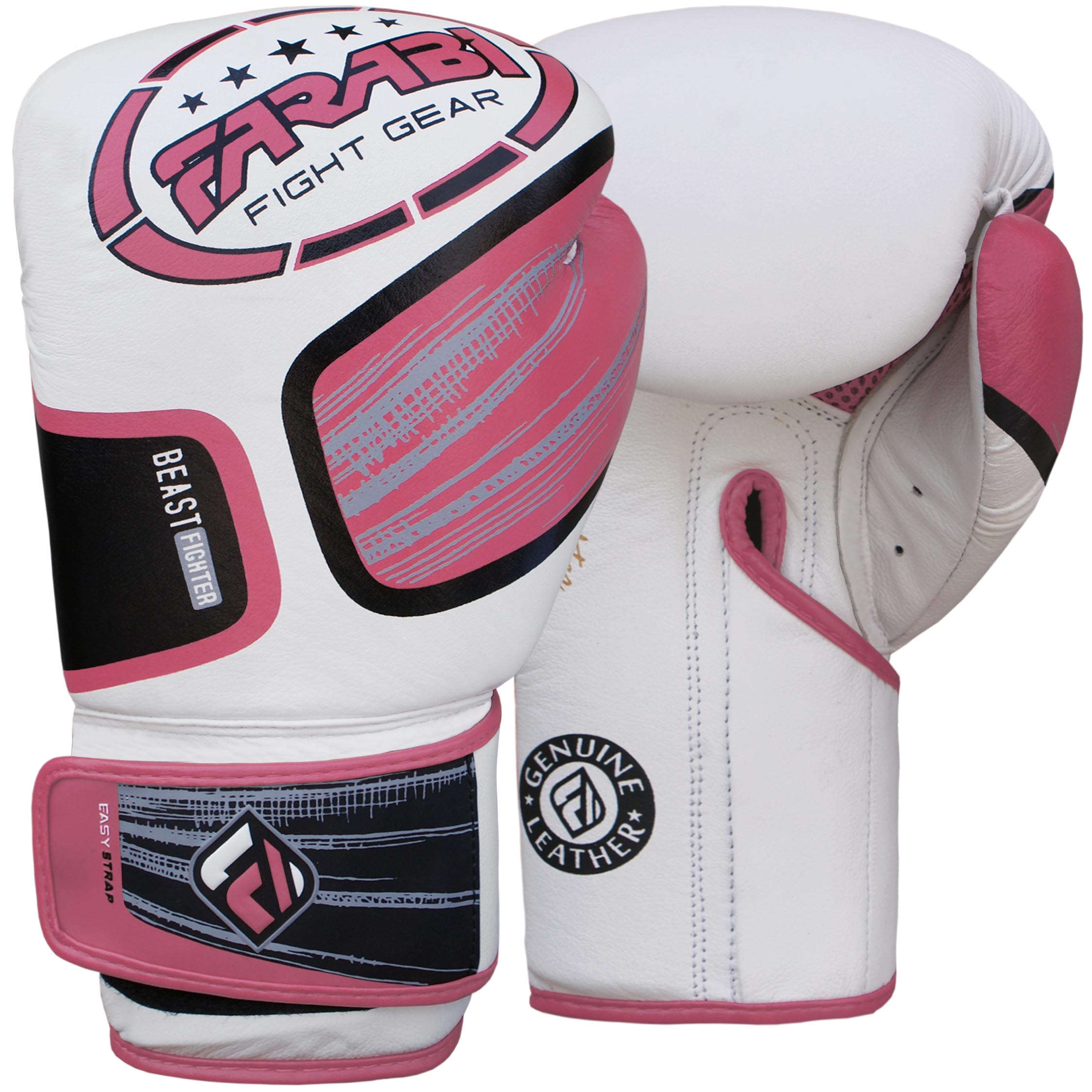 Farabi Sports Beast Fighter boxing gloves with a sleek white and Pink design, featuring an easy strap closure for comfort and performance.
