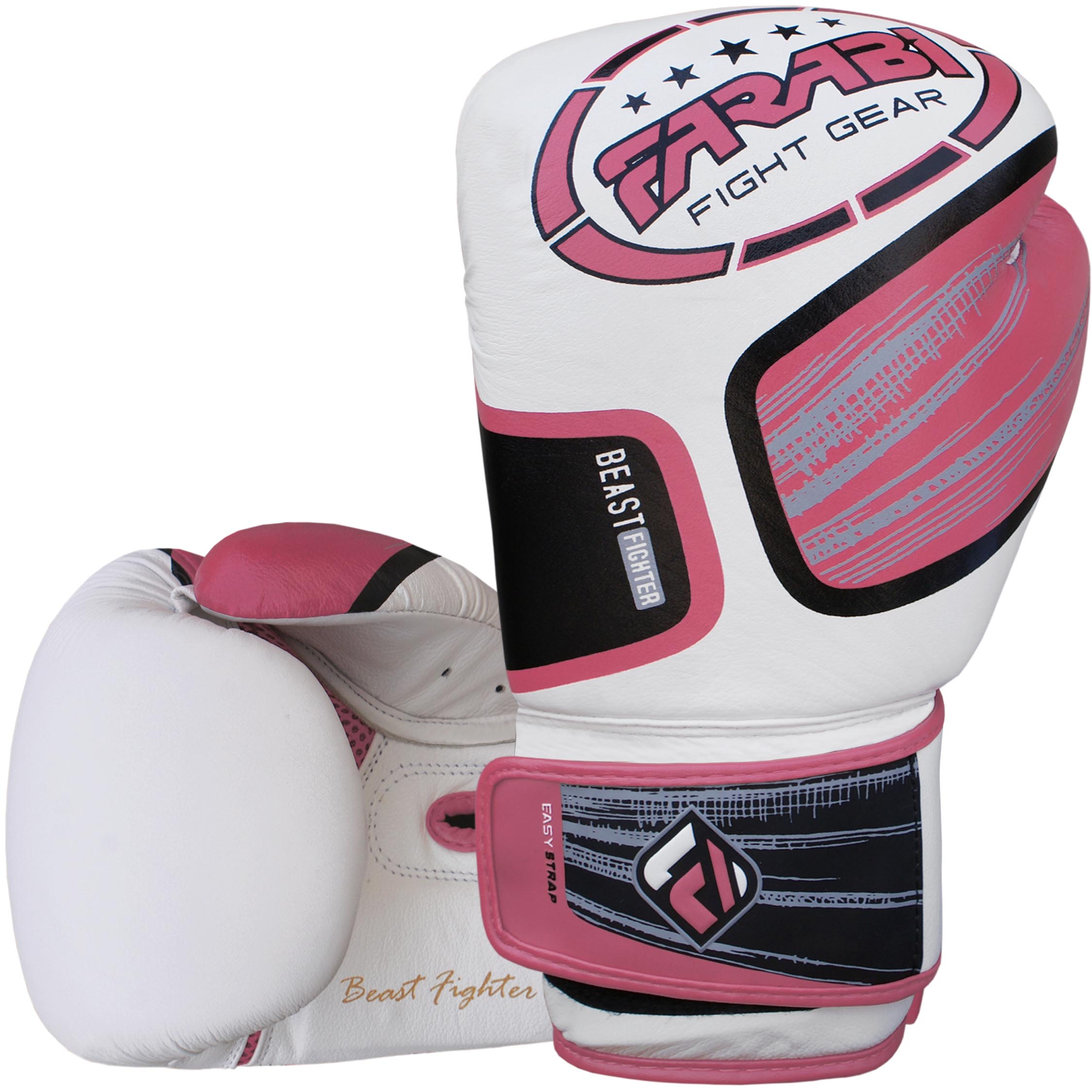 Farabi Sports Beast Fighter boxing gloves with a sleek white and Pink design, featuring an easy strap closure for comfort and performance.