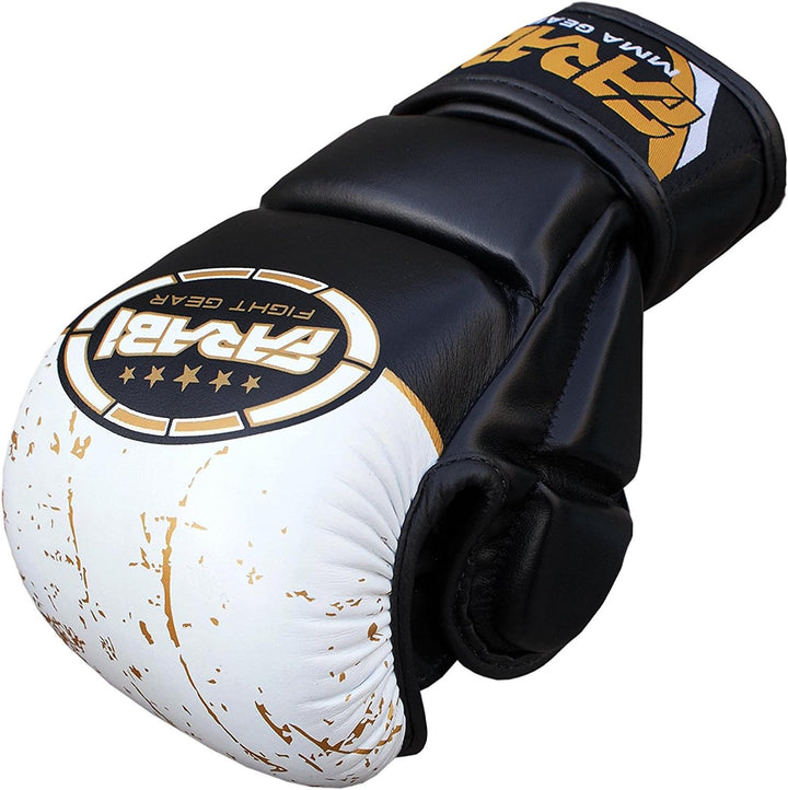 Farabi Sports 7-ounce fighting sparring gloves with hybrid semi-open design for training and competition.