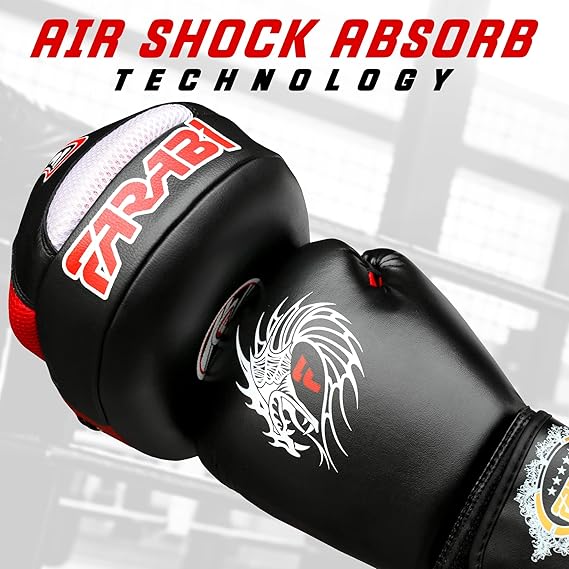 Farabi Sports boxing gloves with air shock absorb technology, featuring a bold black and red design for durability and performance.