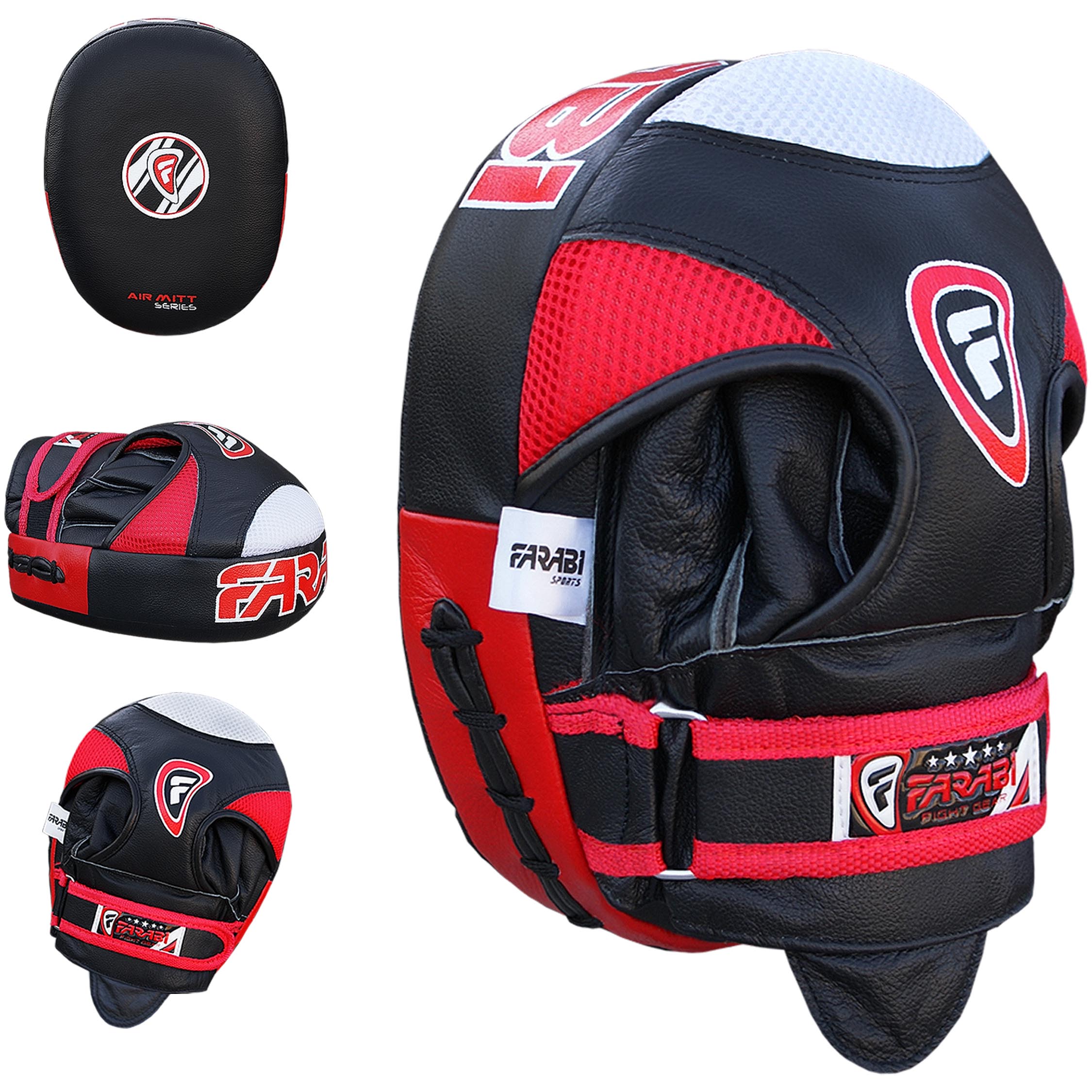 Farabi Sports boxing mitts with a bold black and red design, featuring durable construction for training and practice.