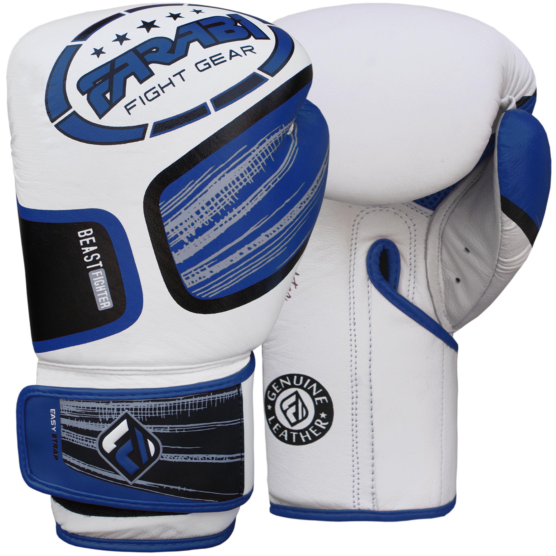 Farabi Sports Beast Fighter boxing gloves with a sleek white and blue design, featuring an easy strap closure for comfort and performance.