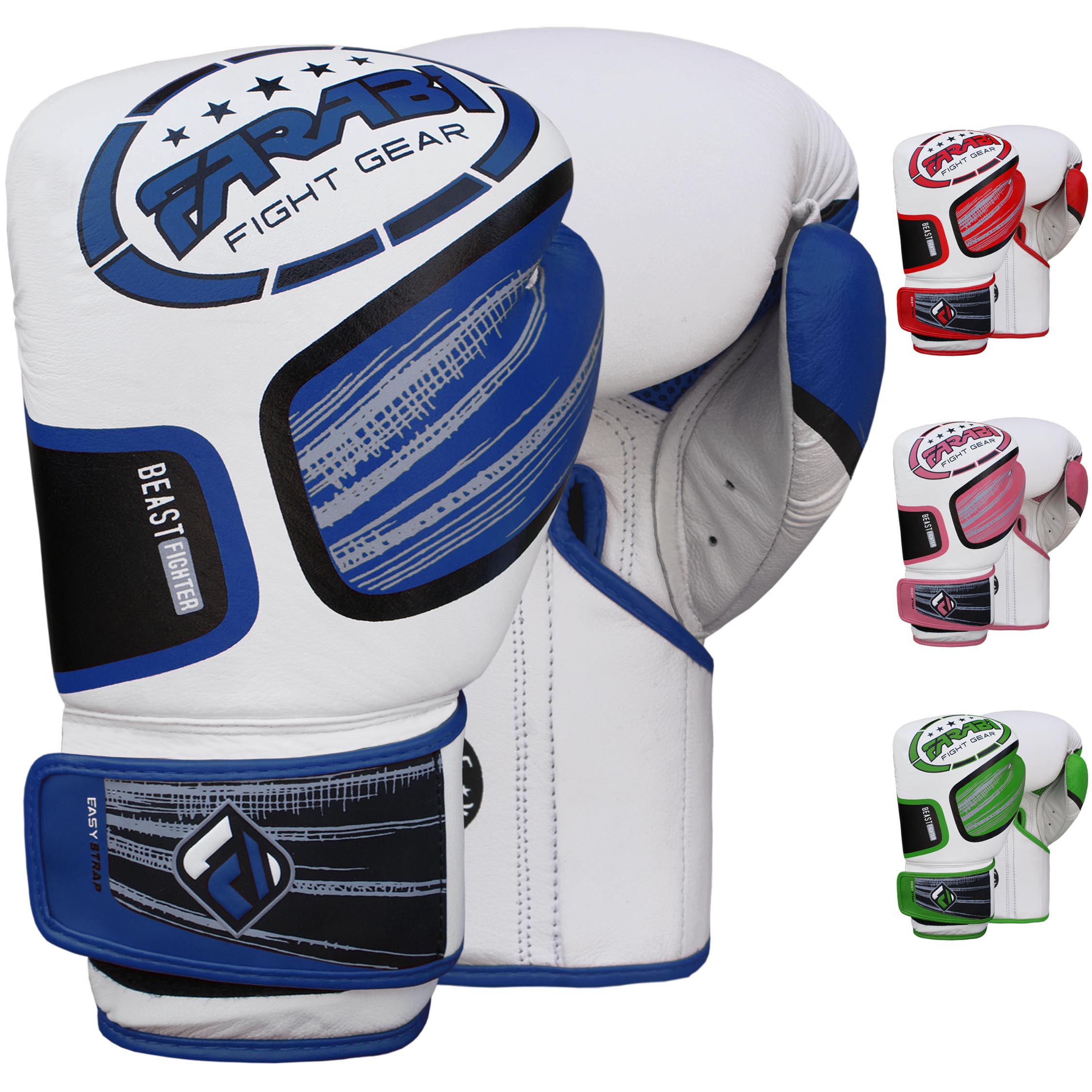 Farabi Sports Beast Fighter boxing gloves with a sleek white and blue design, featuring an easy strap closure for comfort and performance.