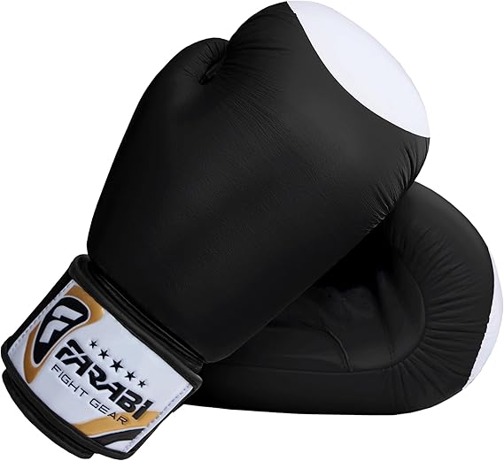 Farabi Sports Genuine Leather boxing gloves in a sleek black and white design with gold accents, offering durability and style for training and competition.