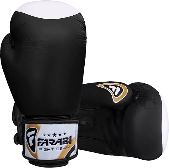 Farabi Sports Genuine Leather boxing gloves in a sleek blue and white design with gold accents, offering durability and style for training and competition.