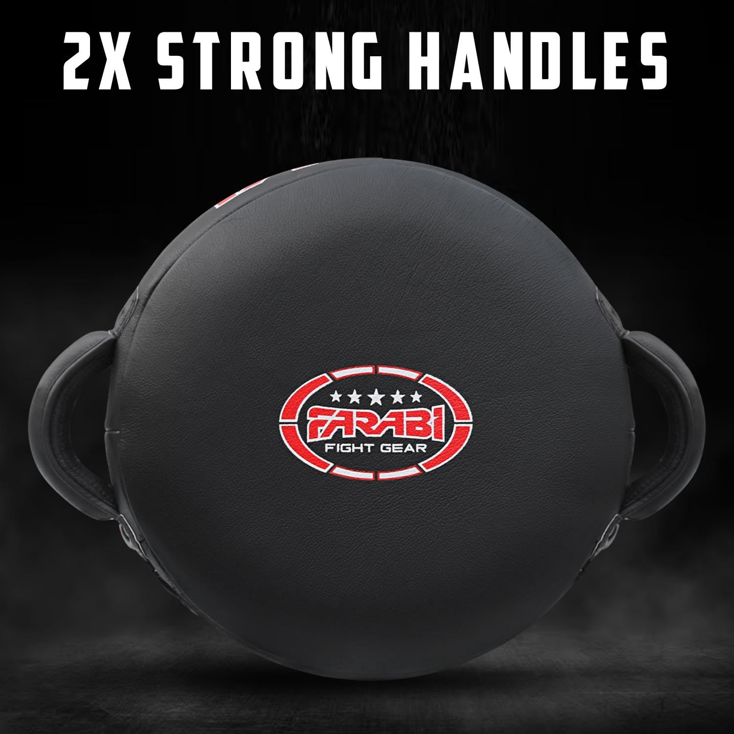 Farabi Sports boxing focus mitt with a sleek black design, featuring dual strong handles for enhanced grip and control.
