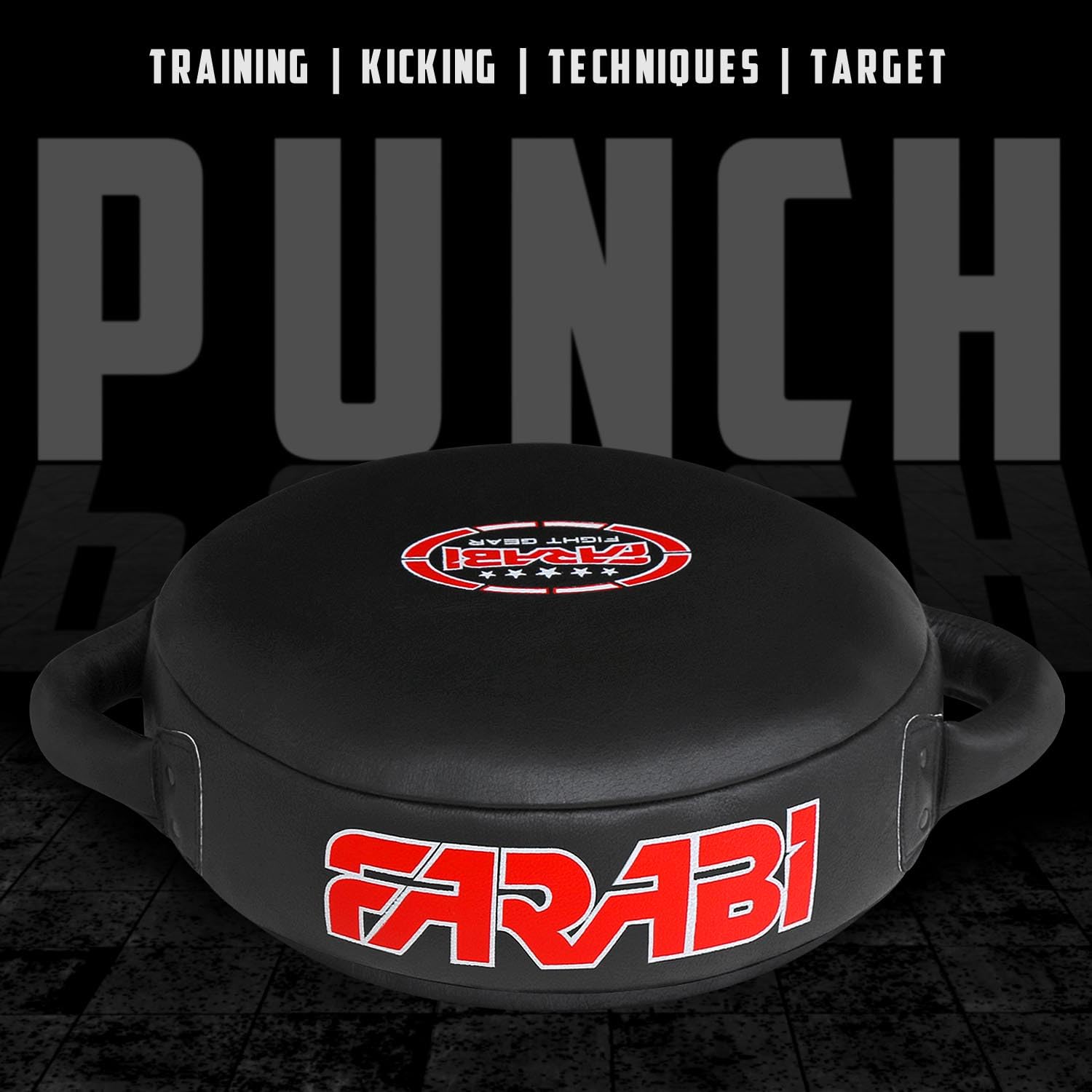 Farabi Sports boxing focus mitt with a bold black and red design, ideal for training, kicking techniques, and target practice.