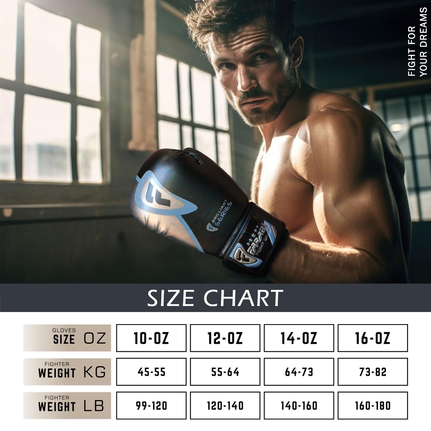 Farabi Sports boxing gloves size chart showing recommended weights for 10-oz, 12-oz, 14-oz, and 16-oz options.
