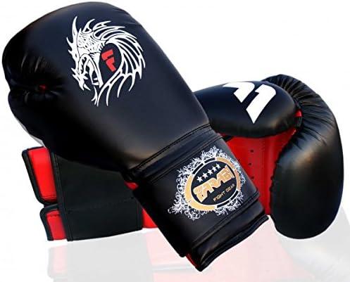 Farabi Sports boxing gloves 8 oz with a bold black and red design, featuring a striking dragon logo for durability and style.