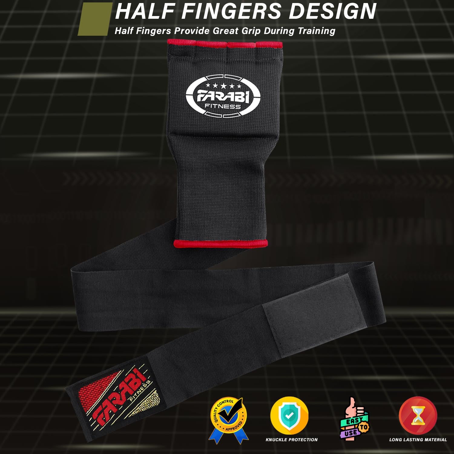 Farabi Sports inner gloves with a black and red design, featuring a half-finger design for improved grip during training.