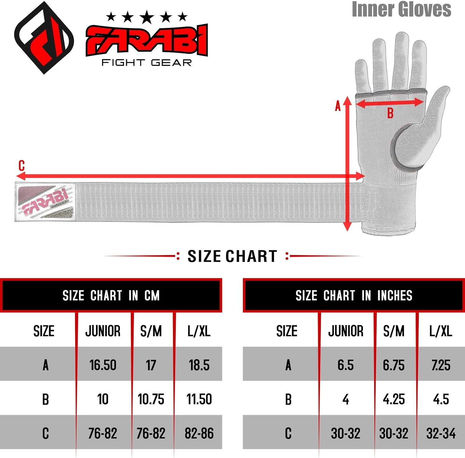 Farabi Sports inner gloves size chart showing measurements for junior, small/medium, and large/x-large sizes in centimeters and inches.