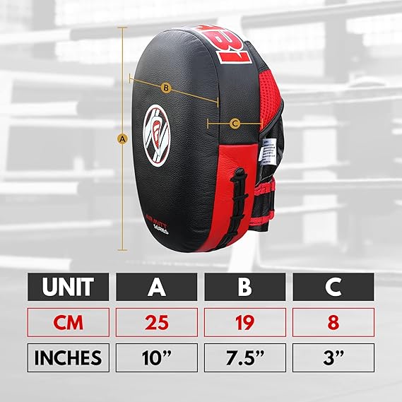 Farabi Sports boxing mitt with dimensions: 25 cm (10 inches) in length, 19 cm (7.5 inches) in width, and 8 cm (3 inches) in thickness.