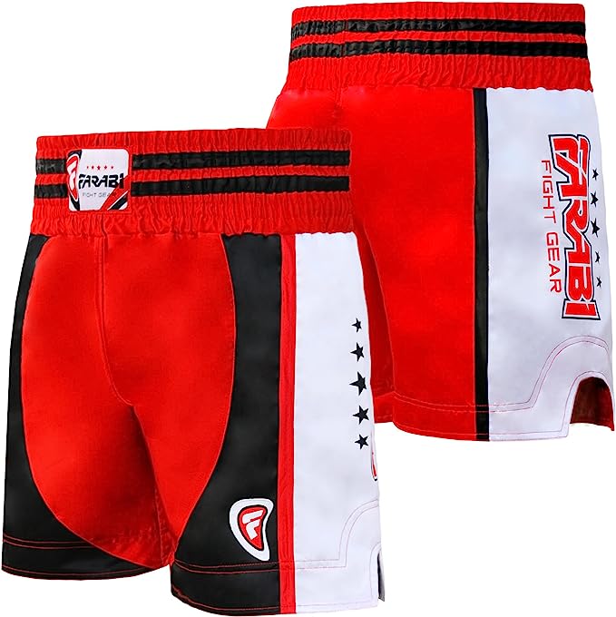 Farabi Sports Boxing Shorts with a bold red and black design, featuring white accents and star details for durability and style.