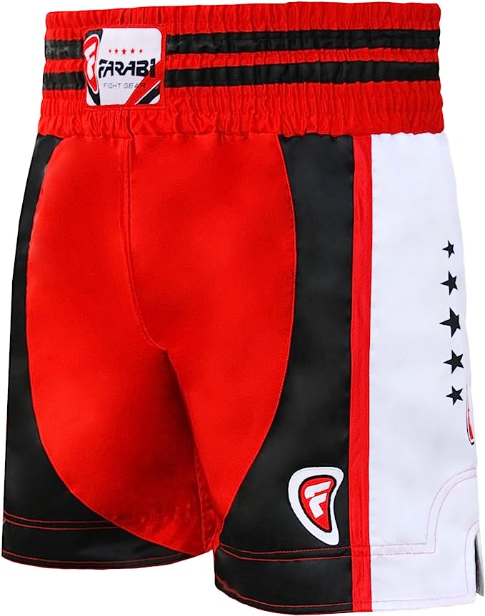 Farabi Sports Boxing Shorts with a bold red and black design, featuring white accents and star details for durability and style.