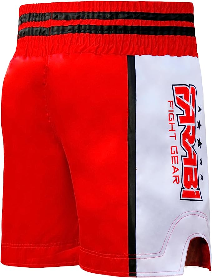 Farabi Sports Boxing Shorts with a bold red and black design, featuring white accents and star details for durability and style.