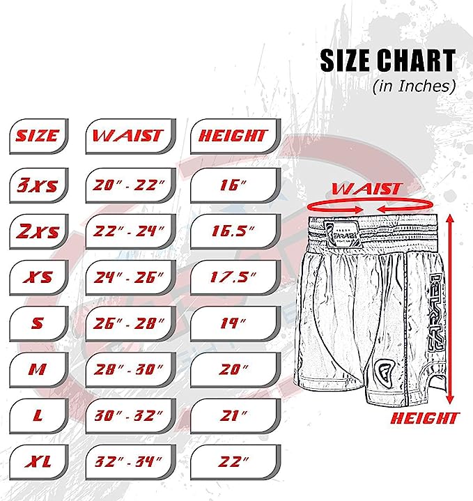 Farabi Sports Boxing Shorts size chart showing waist and height measurements for various sizes in inches.
