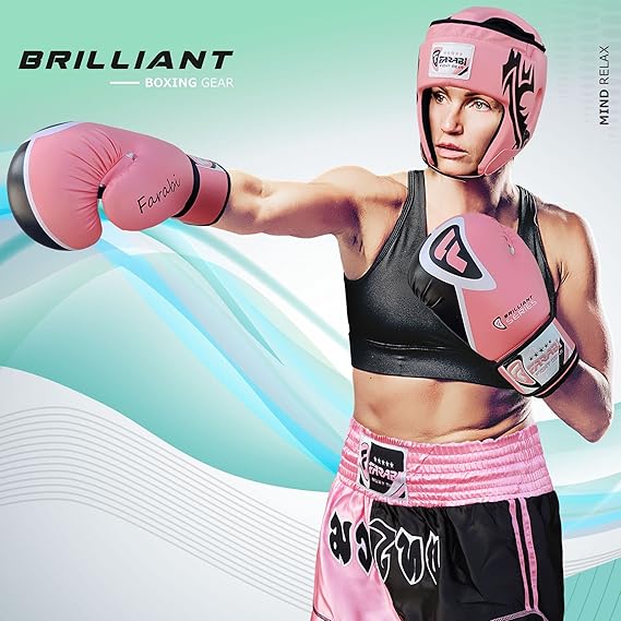 Farabi Sports Brilliant Series boxing gloves equipment featuring a pink and black design, including gloves, headgear, and shorts for training and competition.