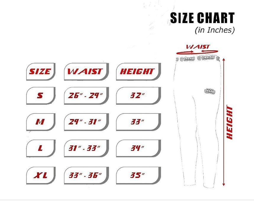 Farabi Sports compression leggings size chart showing waist and height measurements for various sizes in inches.