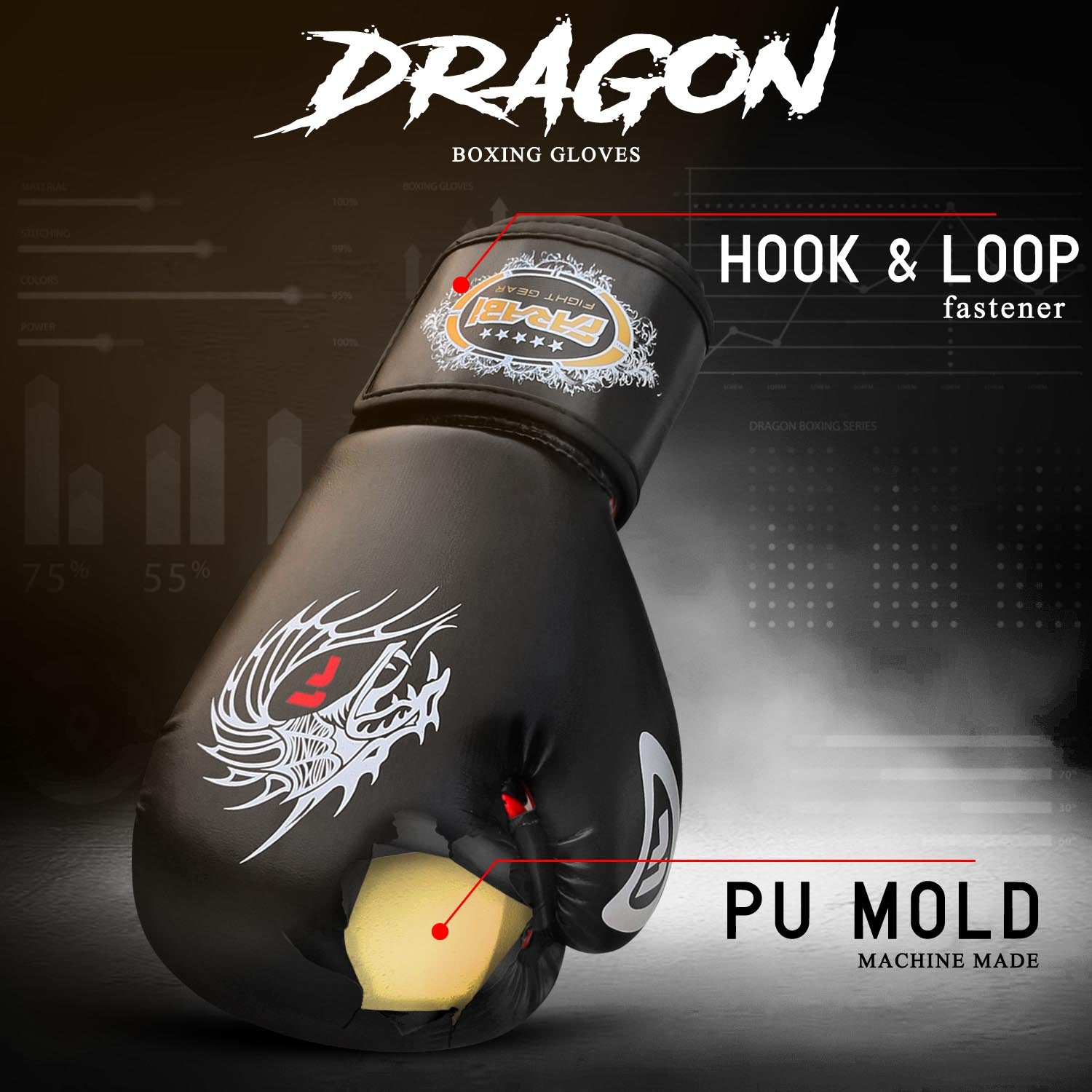 Farabi Sports Dragon 14 oz boxing gloves​ with a hook-and-loop fastener and PU mold construction for durability and performance.