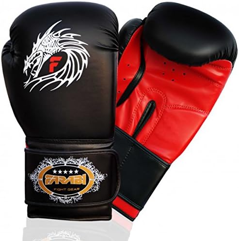 Farabi Sports boxing gloves with a bold black and red design, featuring a striking dragon graphic for durability and style.