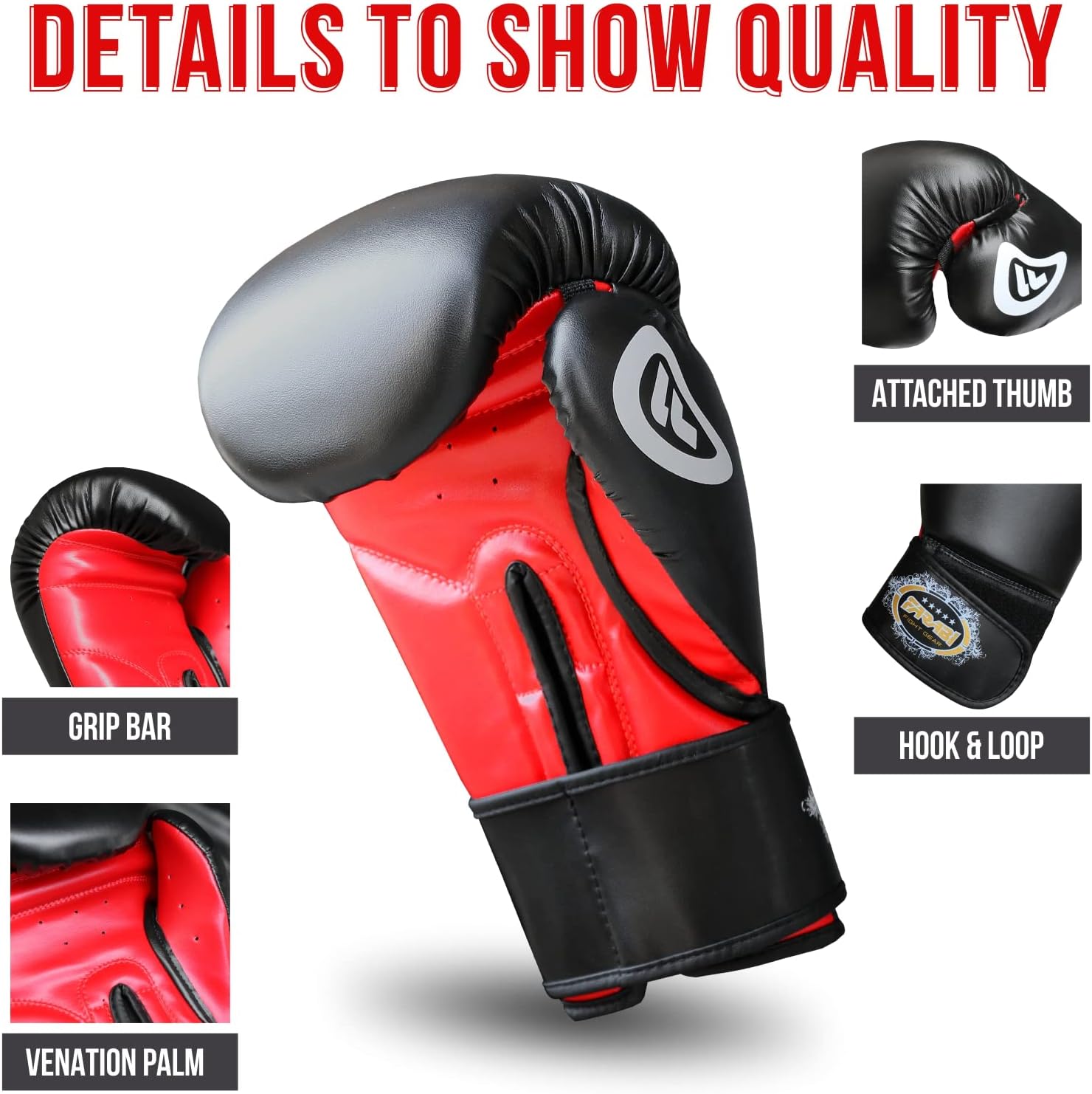 Farabi Sports best punching gloves​ with a red and black design, featuring a grip bar, attached thumb, hook-and-loop closure, and venation palm for enhanced quality and performance.