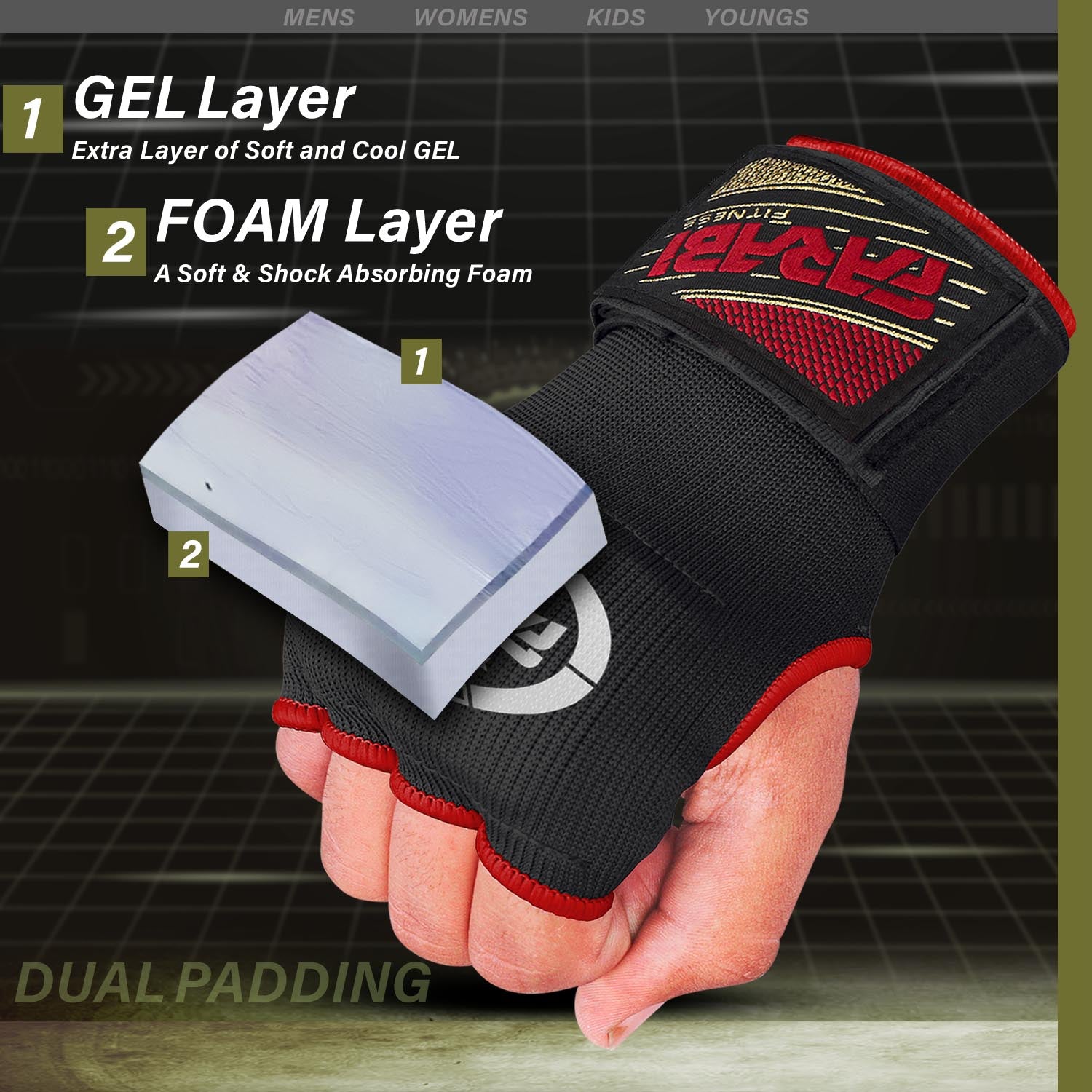 Farabi Sports boxing inner gloves with a black and red design, featuring a gel layer for cooling and a foam layer for shock absorption.