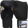 Farabi Sports Genuine Leather boxing gloves in a sleek black and white design with gold accents, offering durability and style for training and competition.