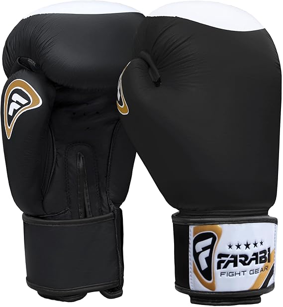 Farabi Sports Genuine Leather boxing gloves in a sleek black and white design with gold accents, offering durability and style for training and competition.