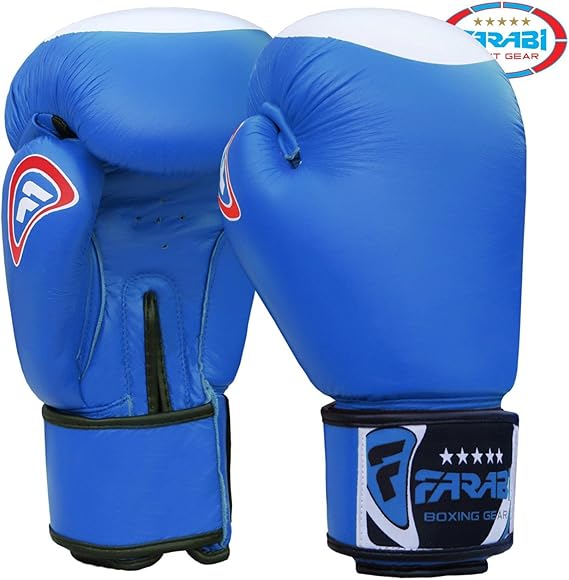Farabi Sports Genuine Leather boxing gloves in a sleek blue and white design with gold accents, offering durability and style for training and competition.