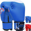 Farabi Sports Genuine Leather boxing gloves in a sleek blue and white design with gold accents, offering durability and style for training and competition.