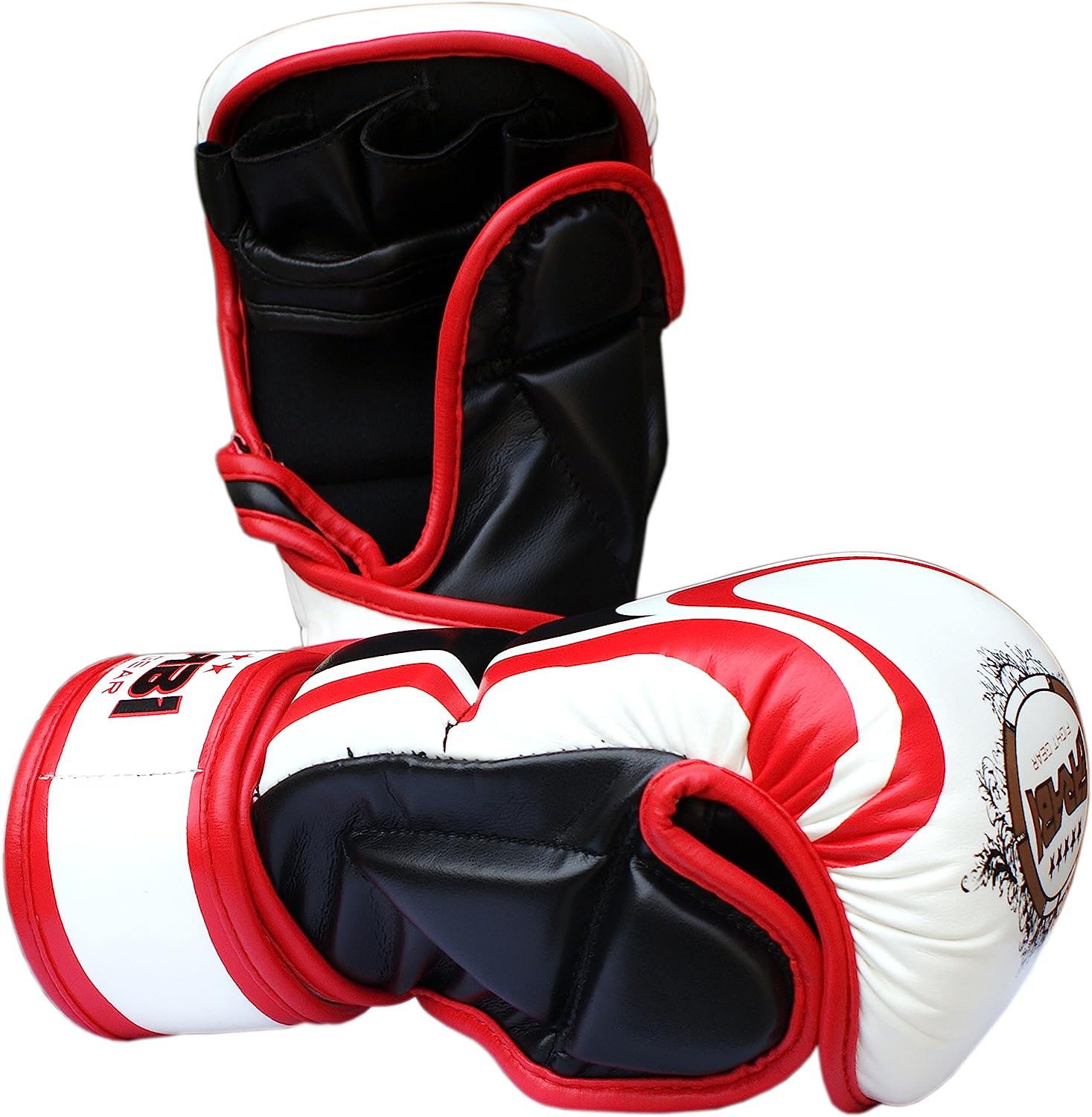 Farabi Sports MMA Punching Gloves in red and white, featuring open palm design and padded protection.