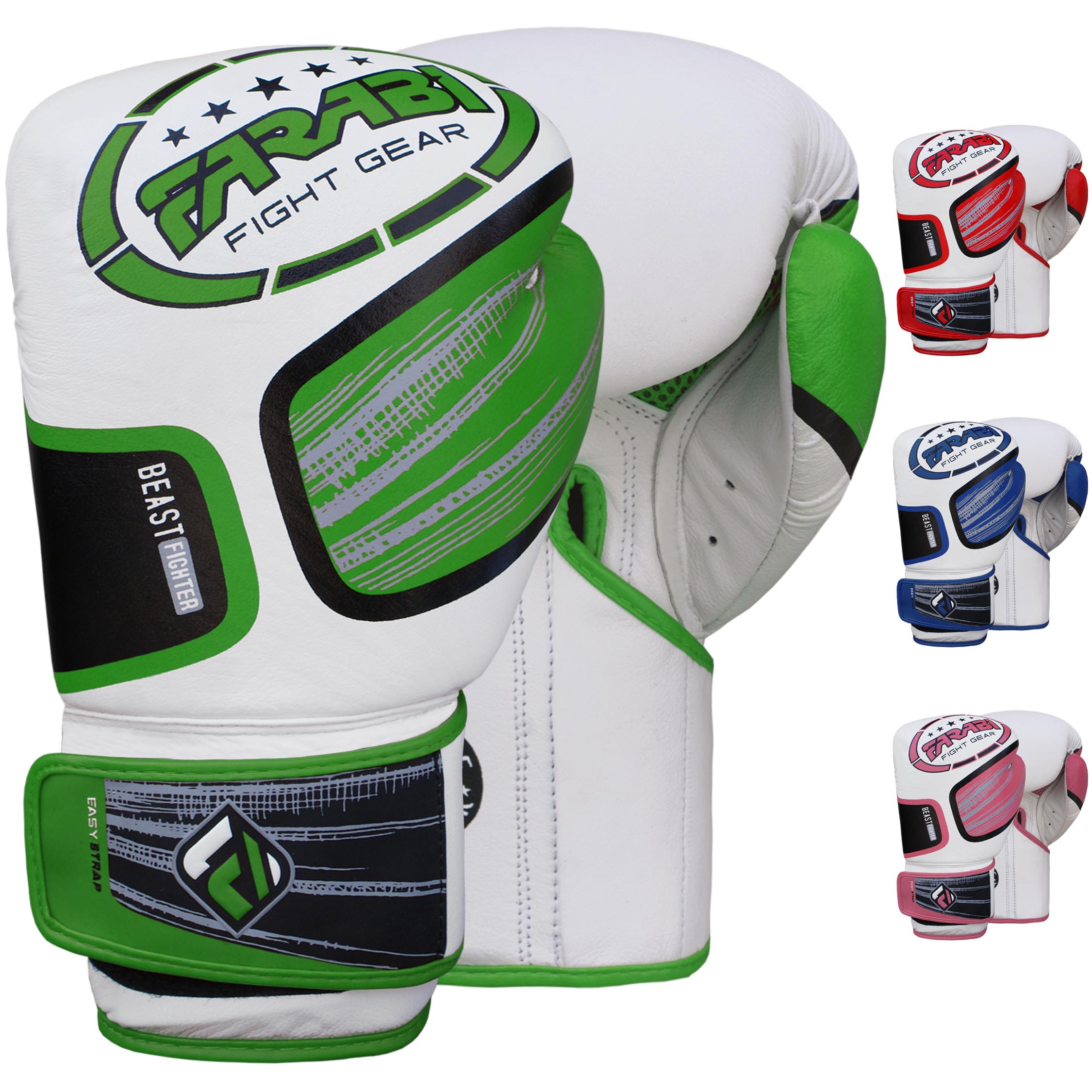 Farabi Sports Beast Fighter boxing gloves with a sleek white and green design, featuring an easy strap closure for comfort and performance.