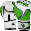 Farabi Sports Pro boxing gloves with a green and white design, featuring advanced latex padding for durability and performance.