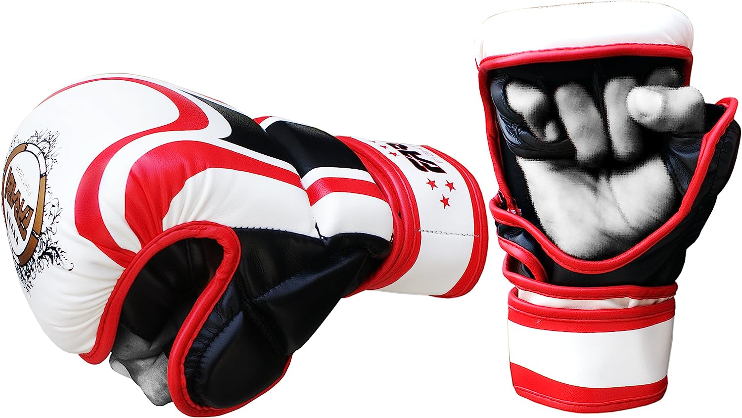 Farabi Sports Hybrid MMA Gloves in red and white, with open palm and padded design
