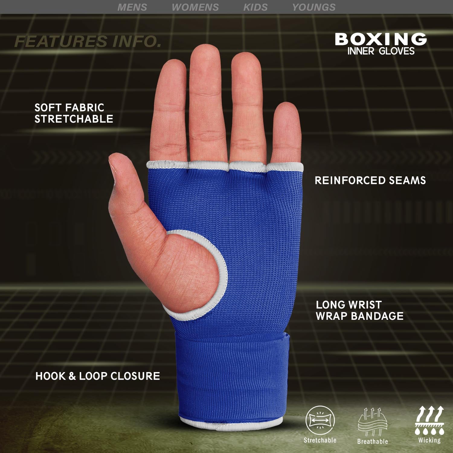 Farabi Sports boxing inner gloves with a blue and white design, featuring soft fabric, reinforced seams, and a long wrist wrap bandage for enhanced support.