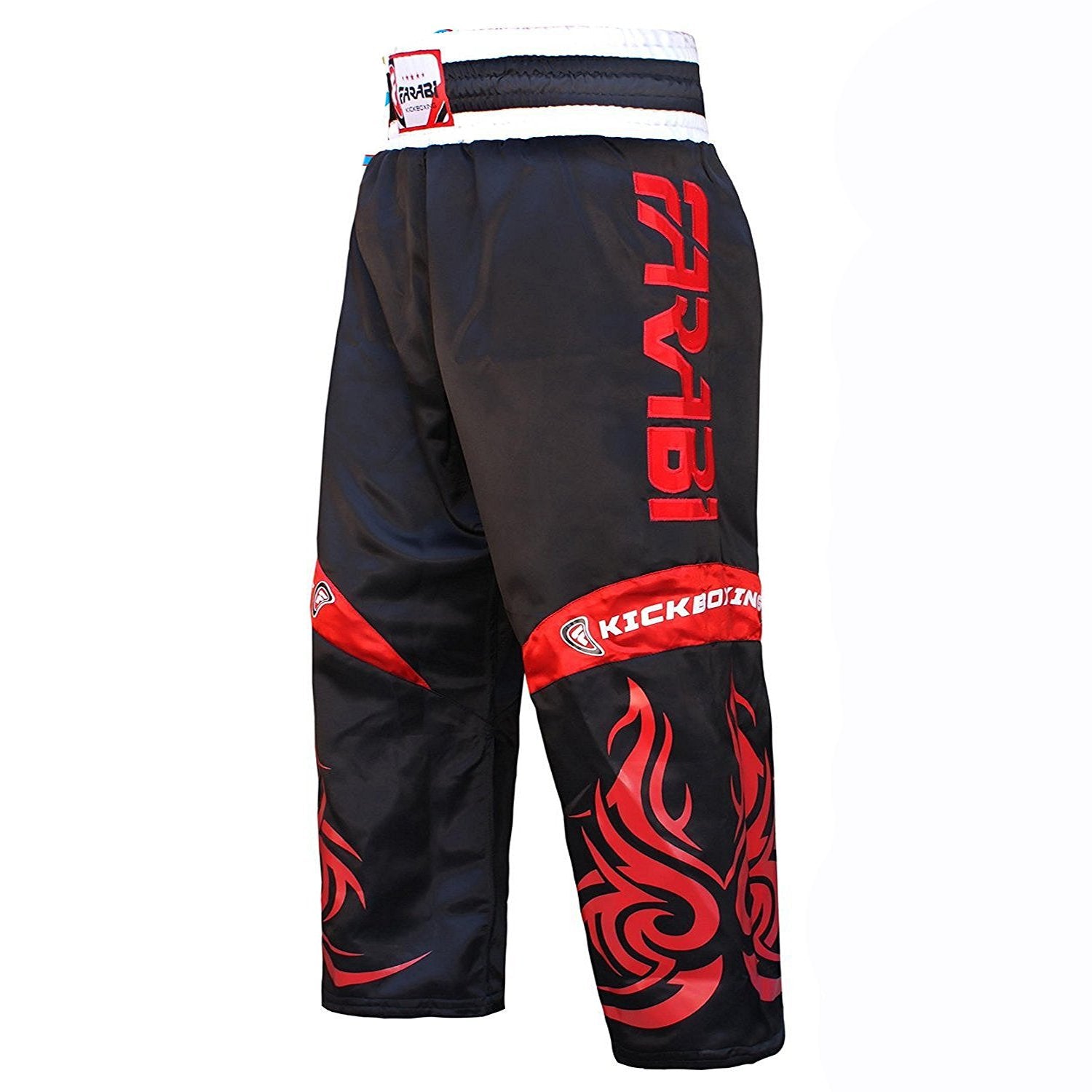 Farabi Sports kickboxing trousers with a bold black and red design, featuring fiery graphics for durability and style.
