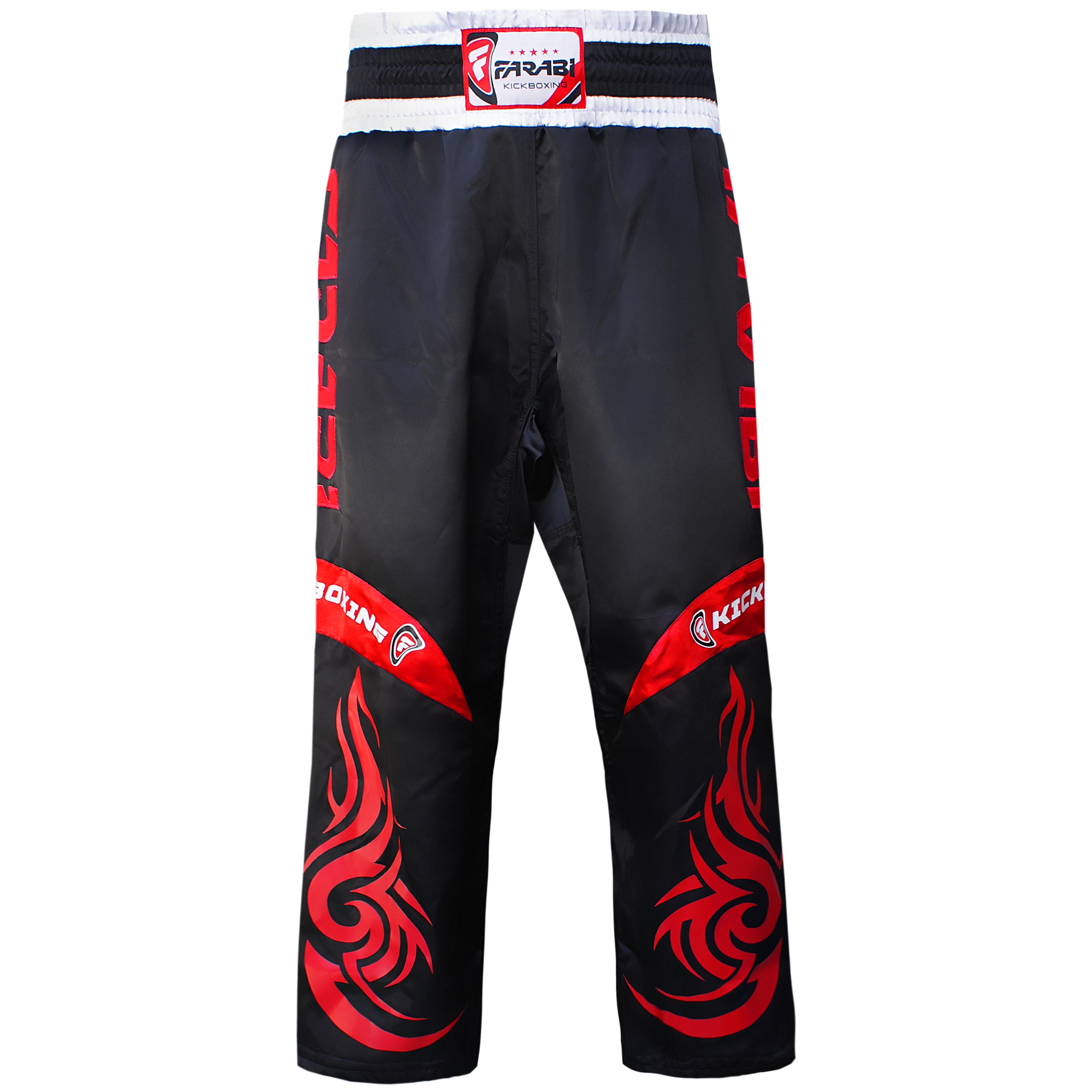 Farabi Sports kickboxing trousers with a bold black and red design, featuring fiery graphics for durability and style.