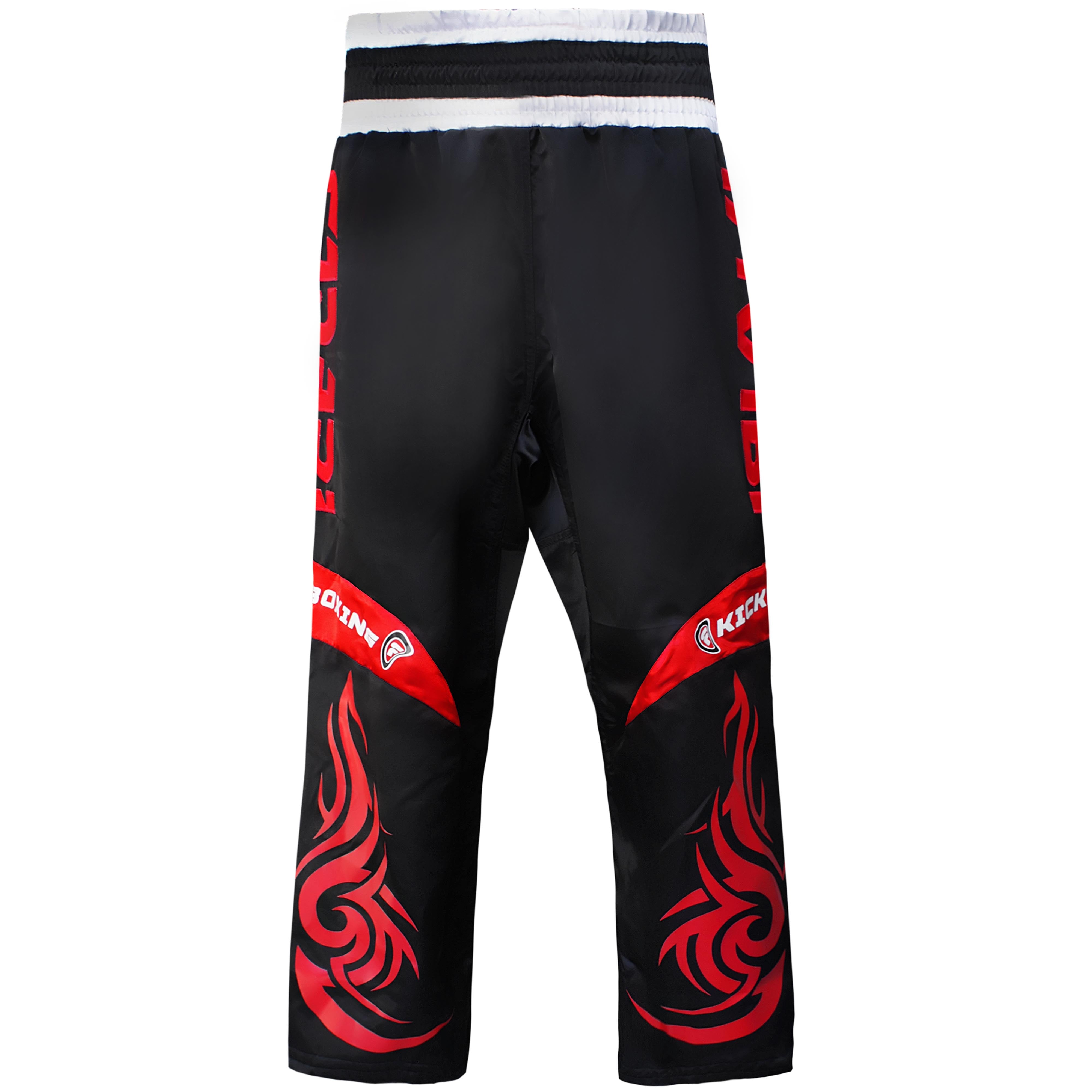 Farabi Sports kickboxing trousers with a bold black and red design, featuring fiery graphics for durability and style.