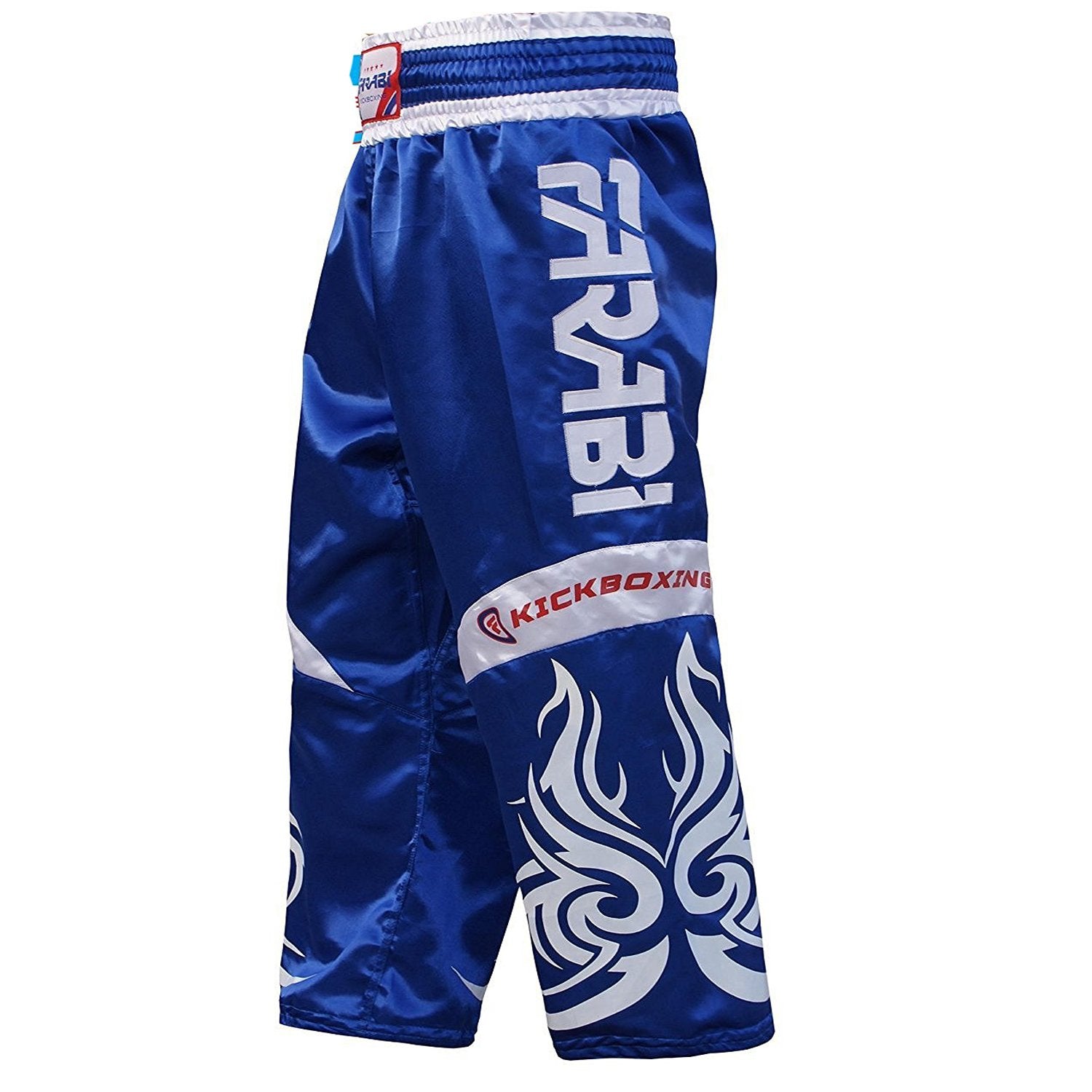 Farabi Sports kickboxing trousers with a bold blue and white design, featuring fiery graphics for durability and style.