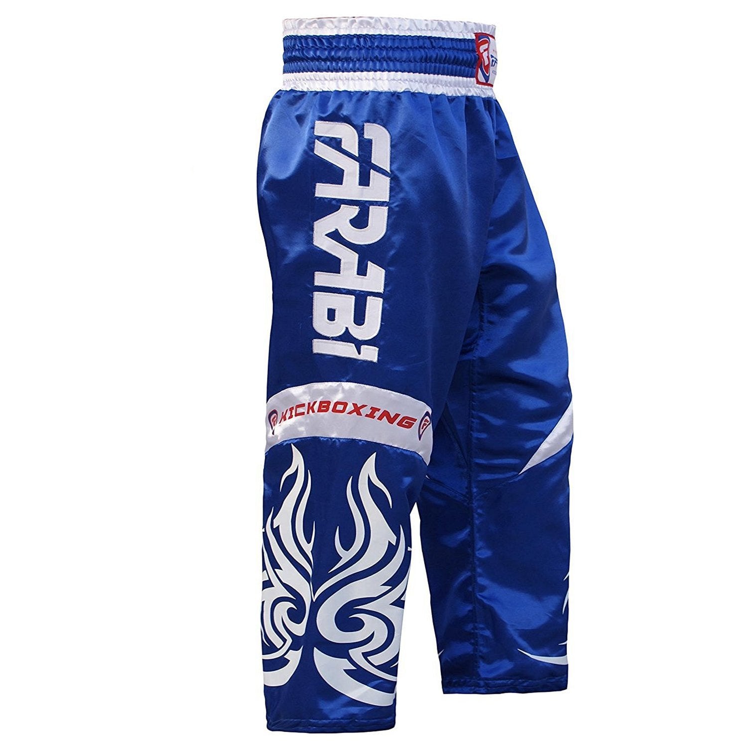 Farabi Sports kickboxing trousers with a bold blue and white design, featuring fiery graphics for durability and style.