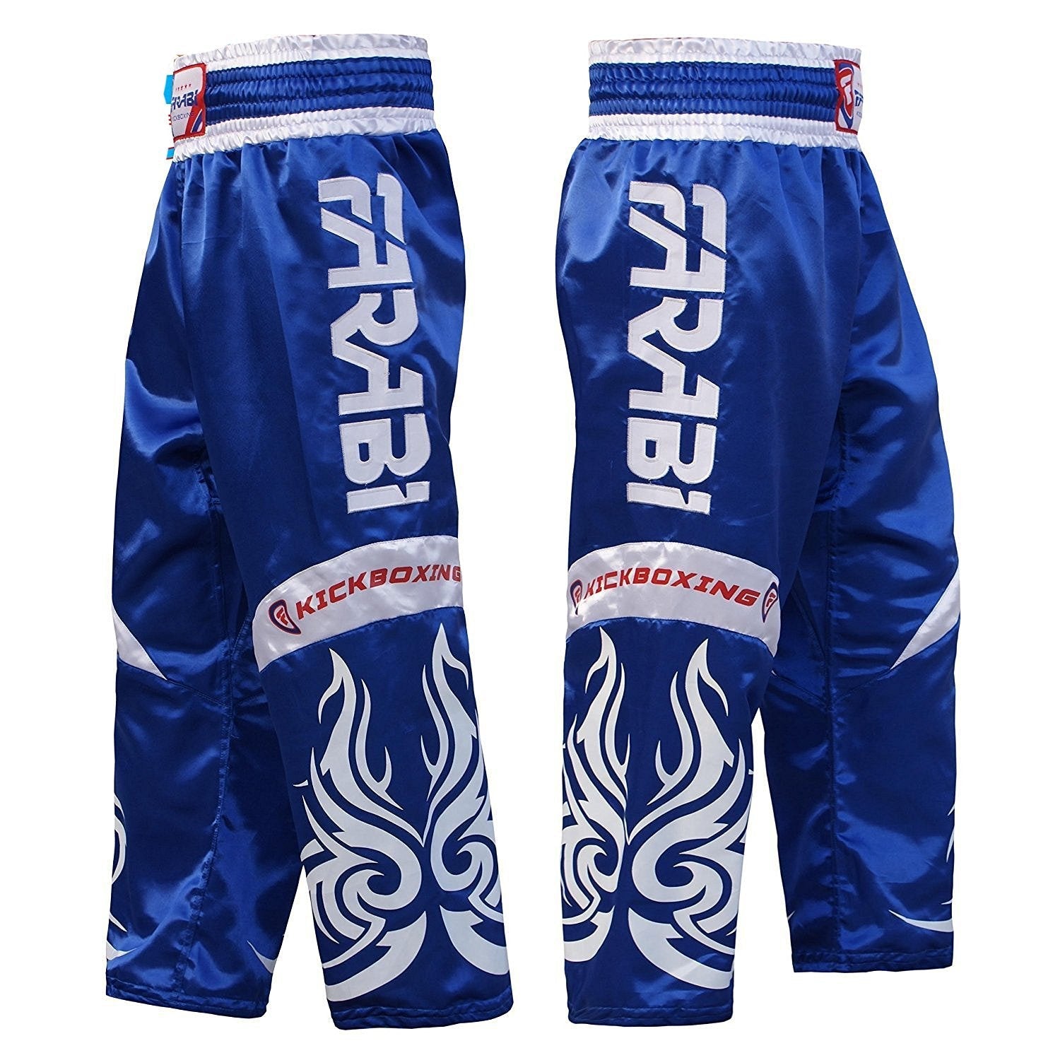Farabi Sports kickboxing trousers with a bold blue and white design, featuring fiery graphics for durability and style.