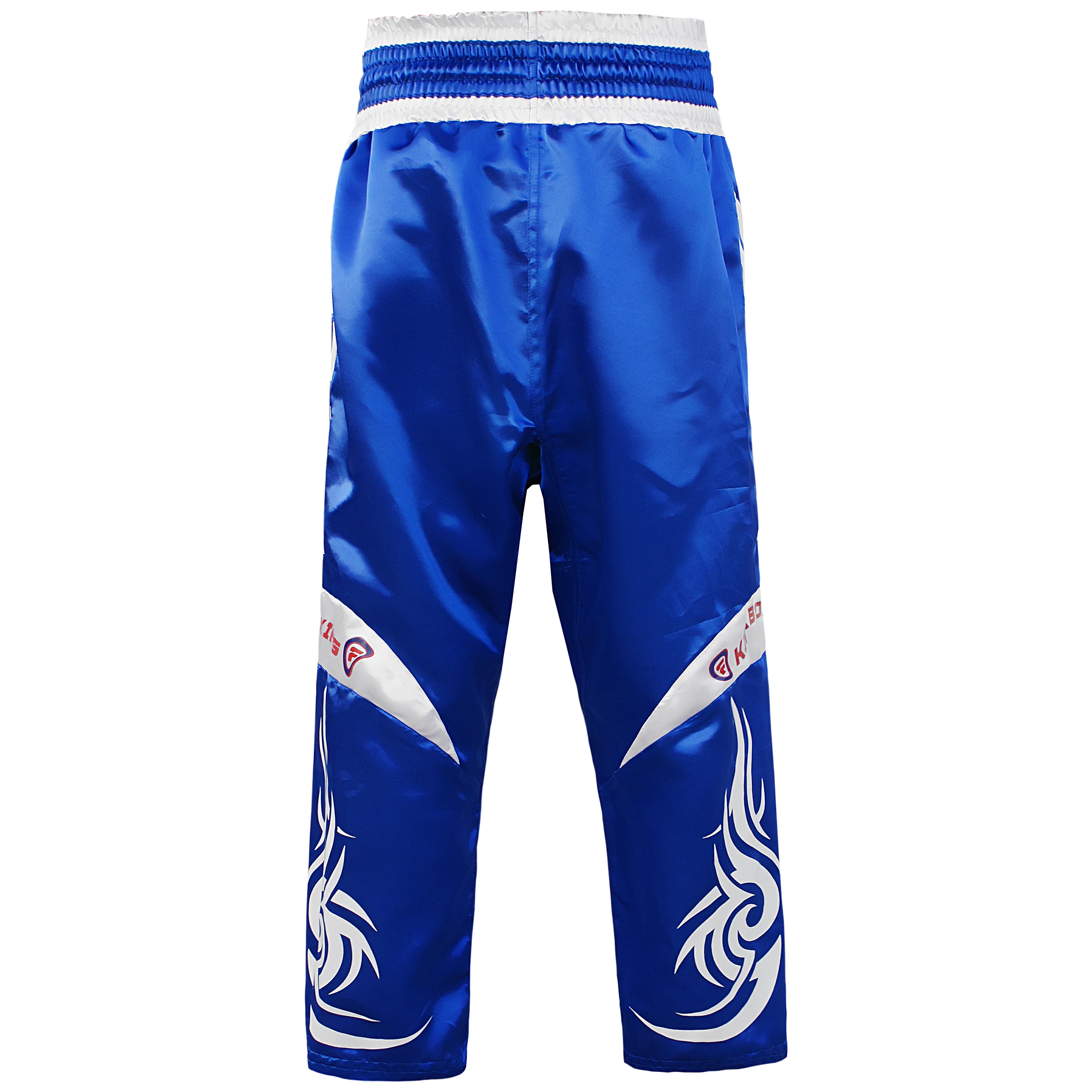 Farabi Sports kickboxing trousers with a bold blue and white design, featuring fiery graphics for durability and style.