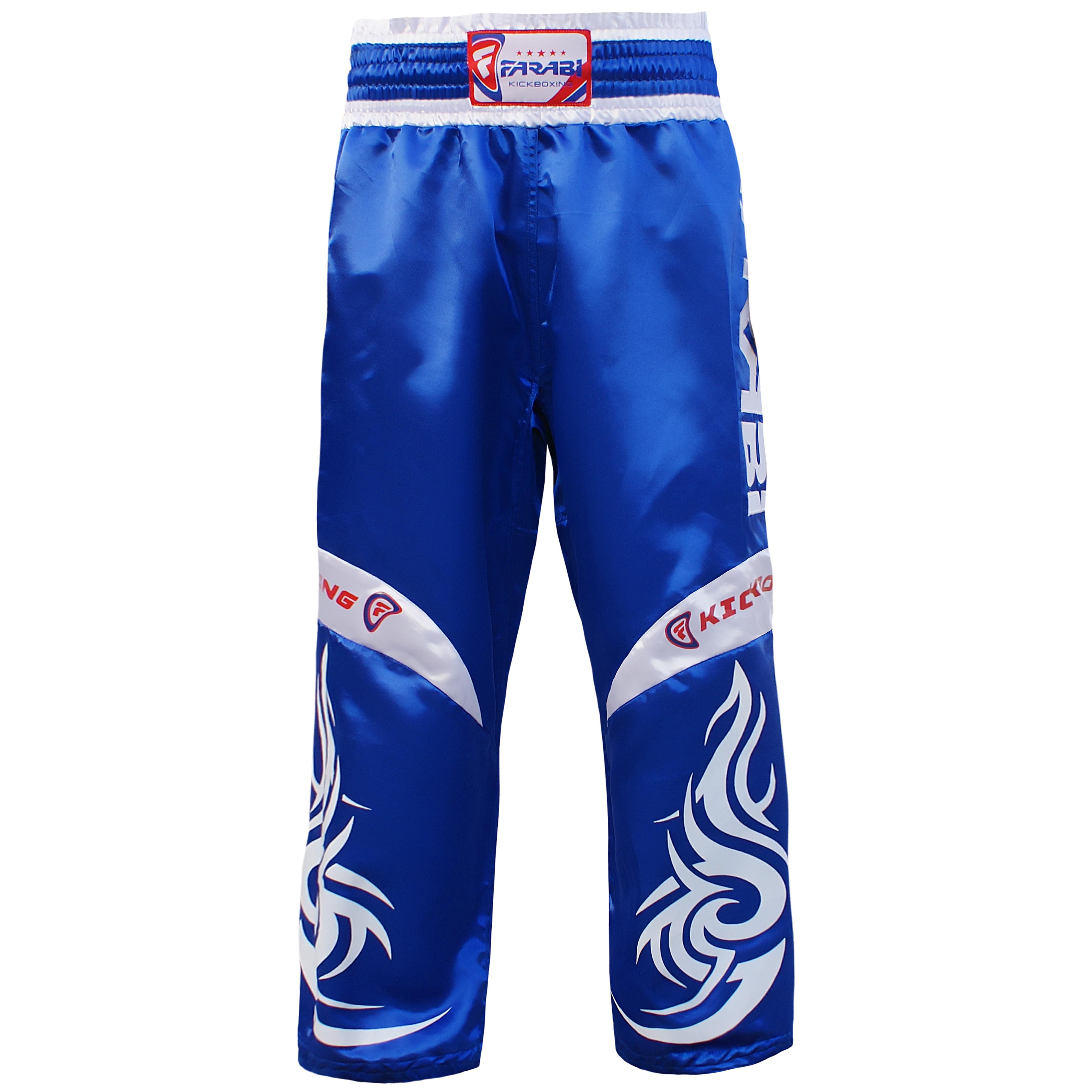 Farabi Sports kickboxing trousers with a bold blue and white design, featuring fiery graphics for durability and style.